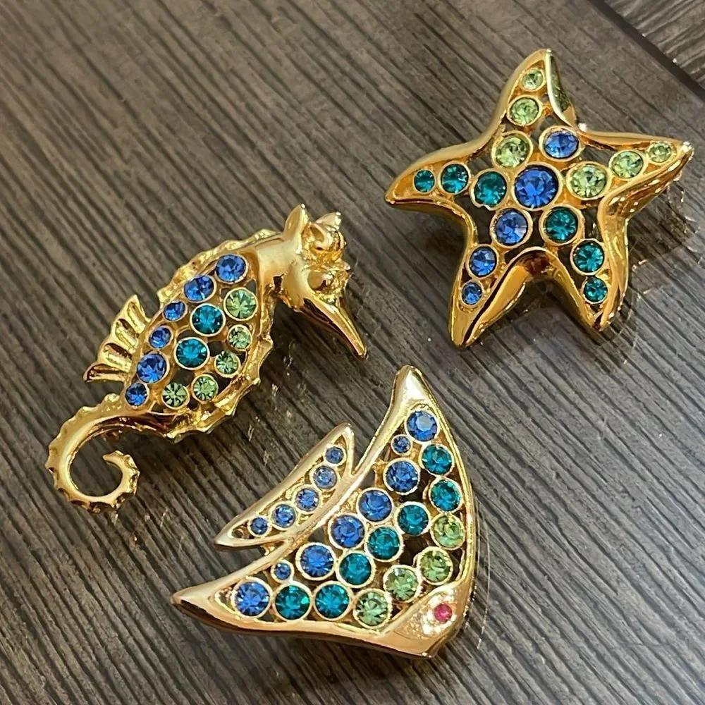 LIA Lianna Stamped 3 Ocean/Sea Themed Gold-tone Brooches w/ Rhinestone Accents